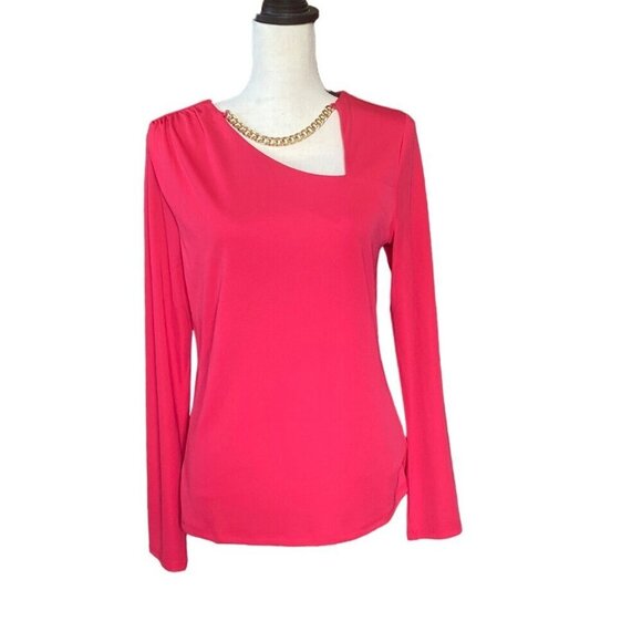 Fuchsia chain embellished asymmetrical neck casual blouse‎ women size Medium - Picture 1 of 8